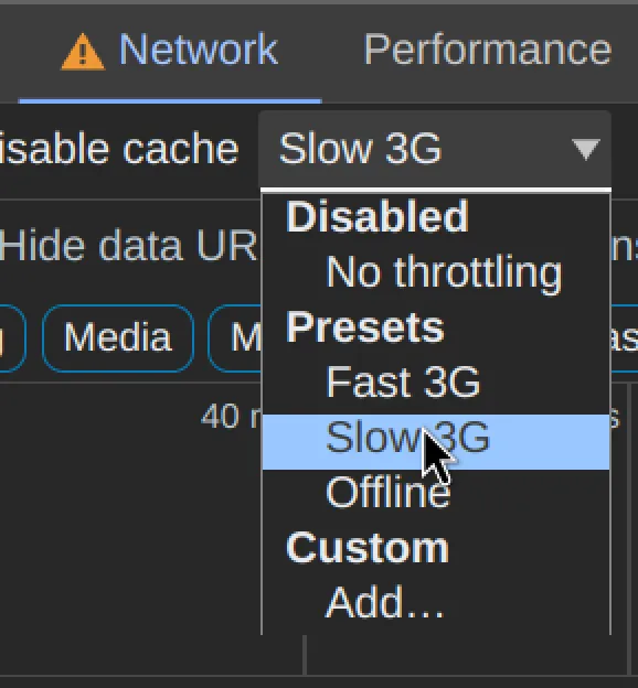 screenshot at the Network tab, selection at slow 3G