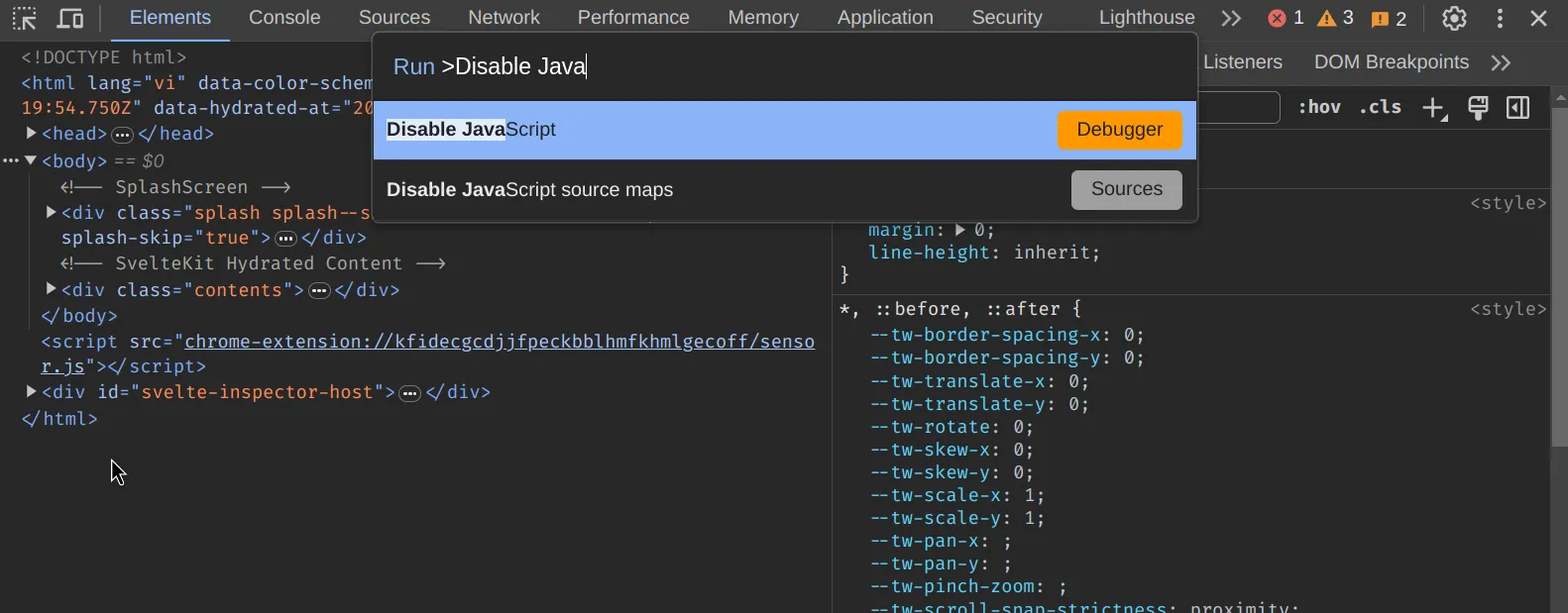 chụp màn hình tại devtool với command palette đã mở và lệnh Disable Javascript đã được gõ